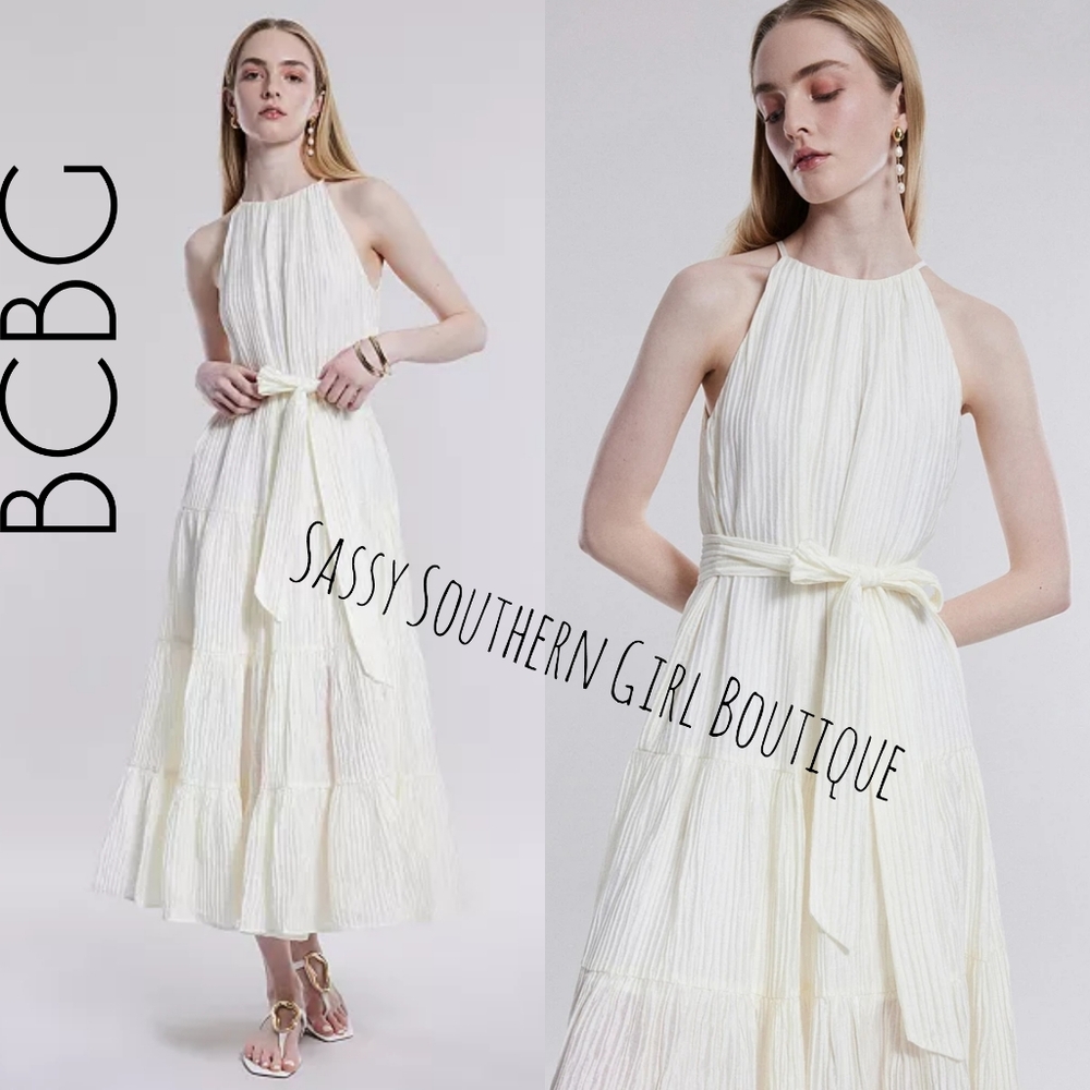 🆕⭐ BCBG Ivory White Crinkle Tiered Maxi Dress